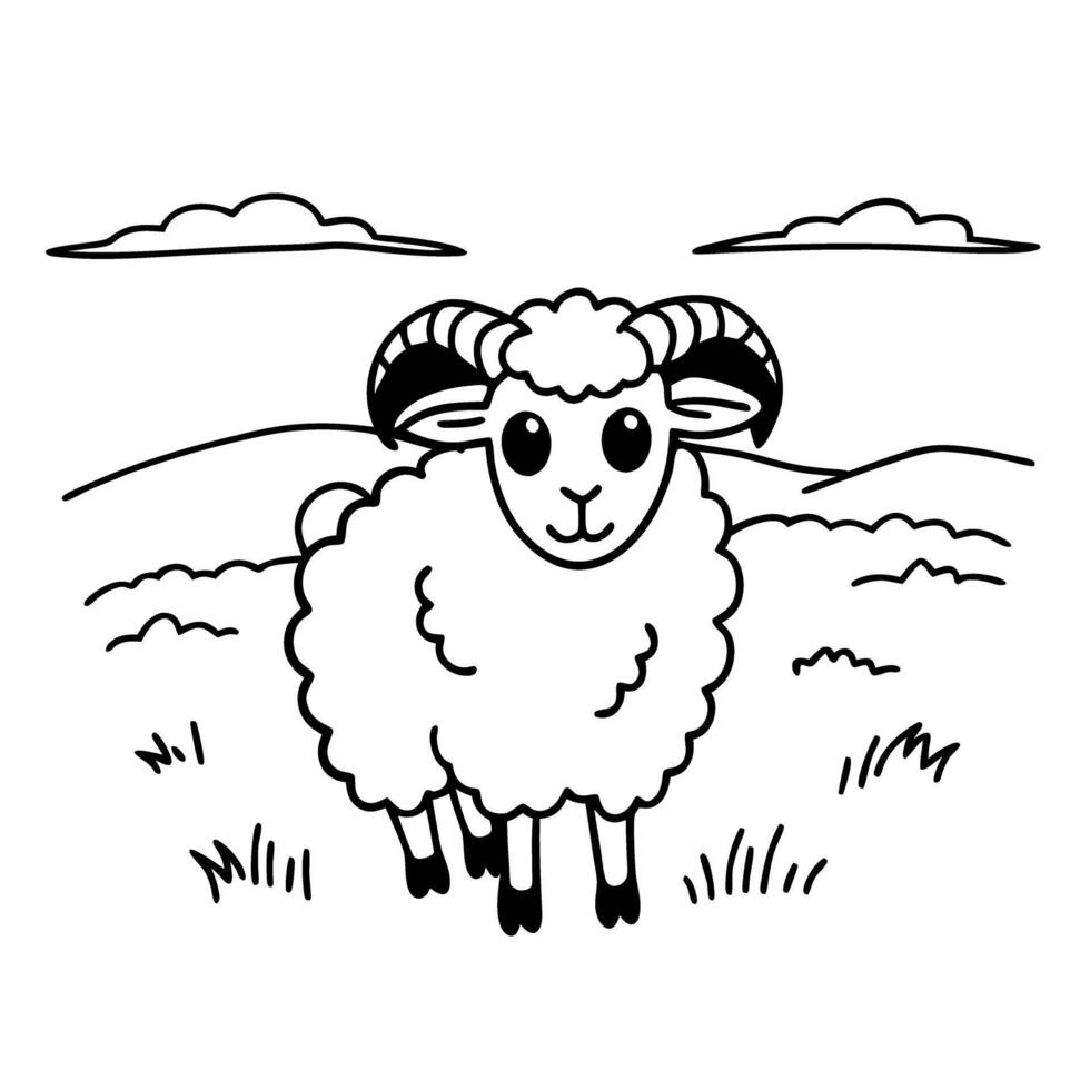 Cute fluffy ram in pastoral landscape hand drawn black and white illustration with rolling hills and clouds vector