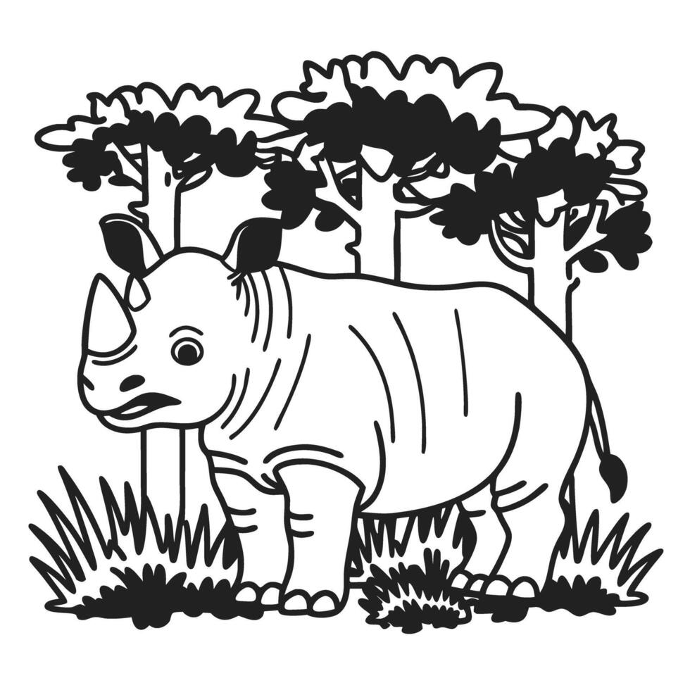 rhinoceros in forest black and white illustration of rhino among trees and grass vector