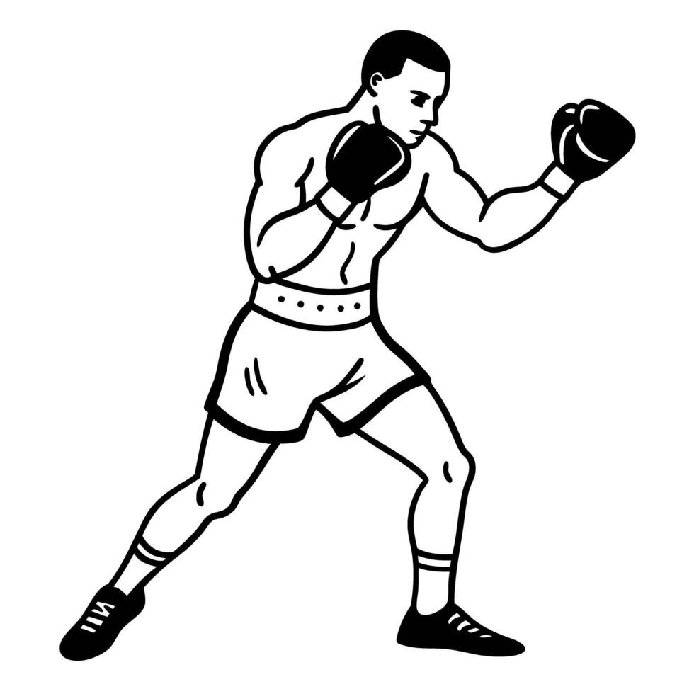 Boxer in fighting stance black and white illustration of athlete training or competing in ring vector