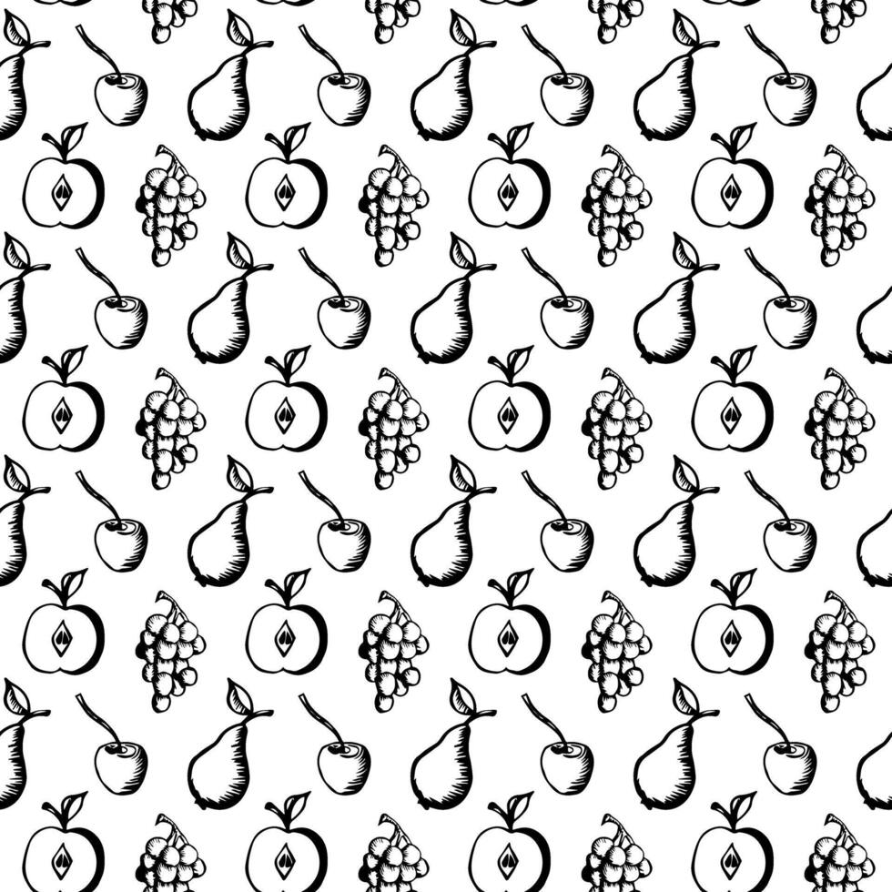 Pear with apple and grapes in doodle style. Seamless pattern. vector