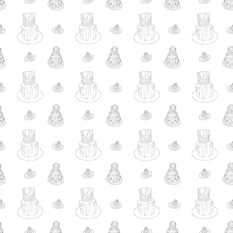 Tall cake decorated with icing and sprinkles. Seamless pattern. Doodle style. vector