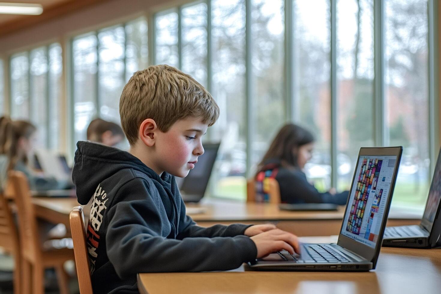 Elementary school student programming on laptop in library photo
