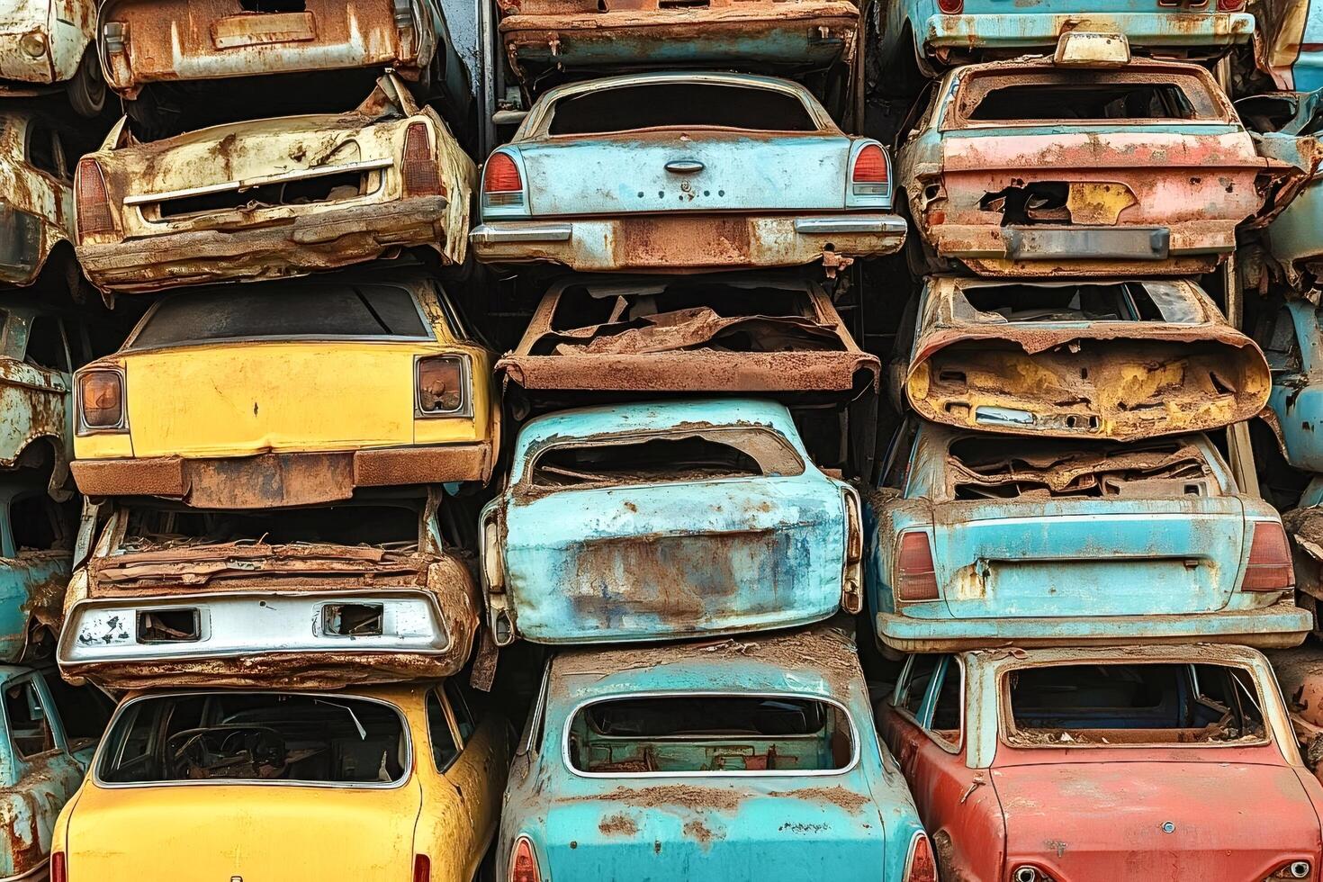 Stack of old rusty cars piling up in junkyard representing waste and decay photo