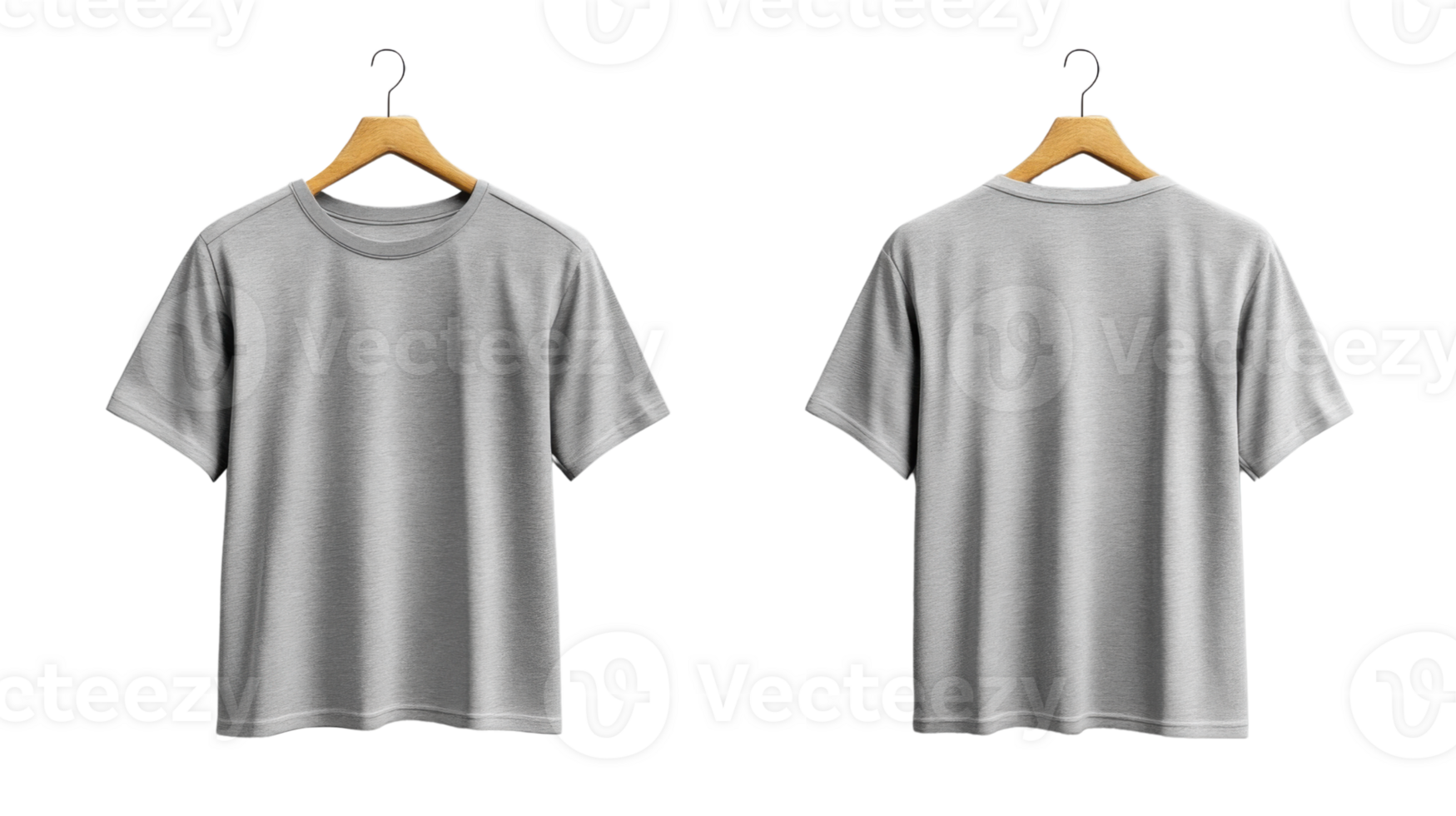 Gray t shirt displayed from front and back on hangers, showcasing design options png