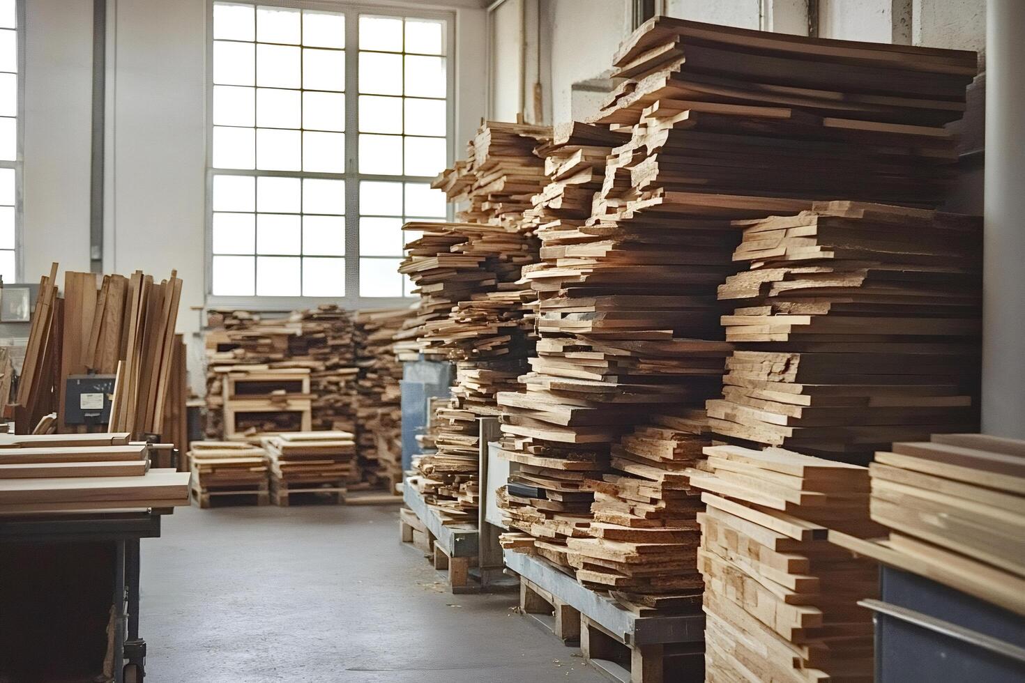 Wood planks stacked on pallets in carpentry workshop photo