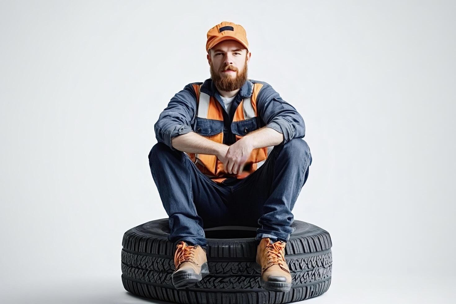 Mechanic resting on tire after fixing vehicle in workshop photo