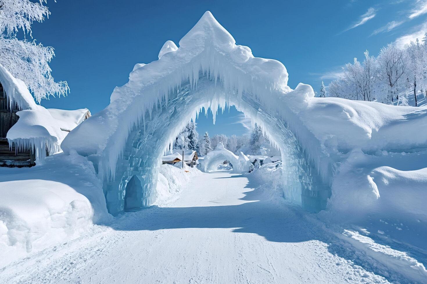 Ice archway forming a snowy tunnel in a winter wonderland photo