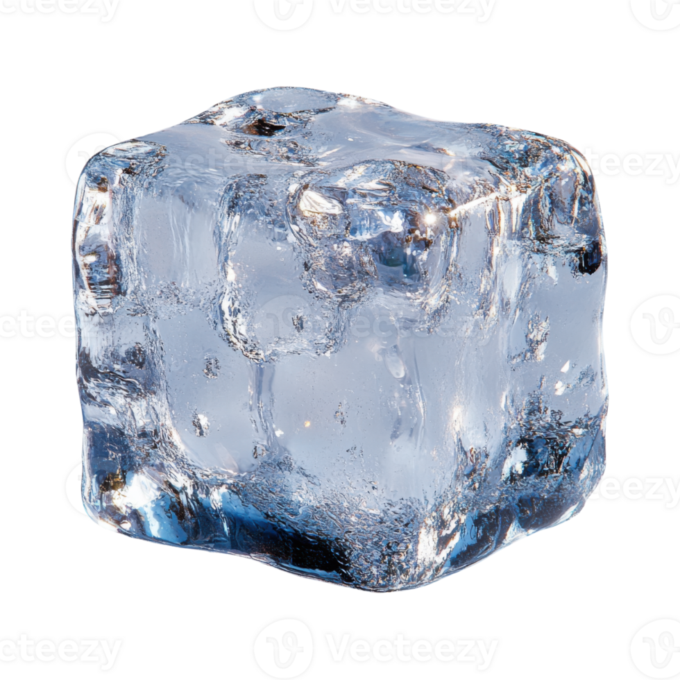 Clear ice cube with glossy surface, reflecting light beautifully . png