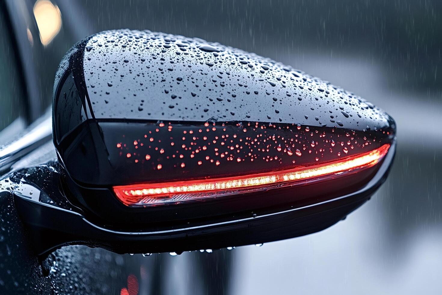 Rearview mirror reflecting rainy weather with led lights illuminating water drop photo
