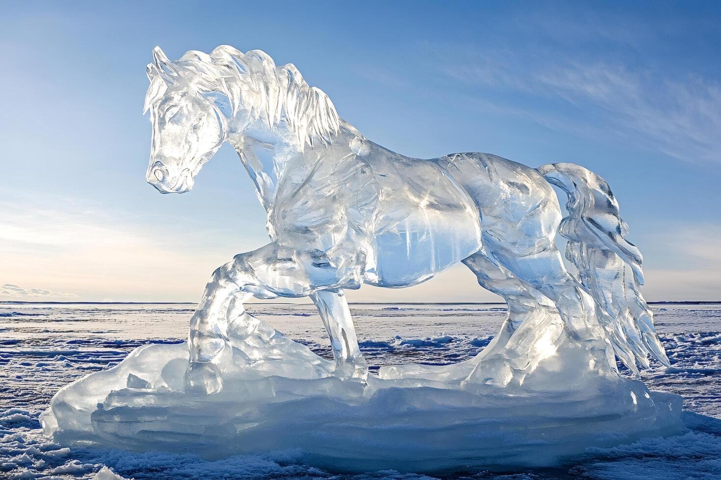 Majestic ice horse sculpture standing on frozen lake in winter photo