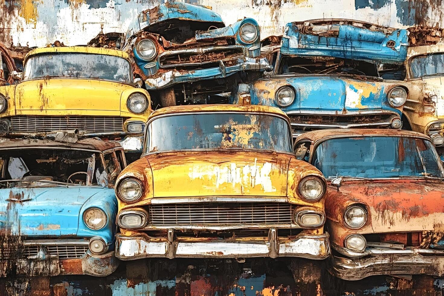 Stacked rusty classic cars showing decay and abandonment photo