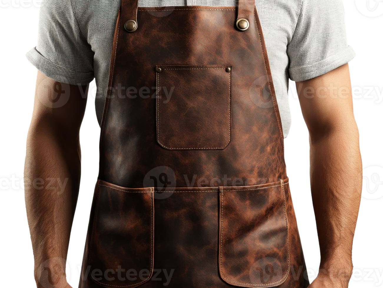 Brown leather apron with pockets worn by person png