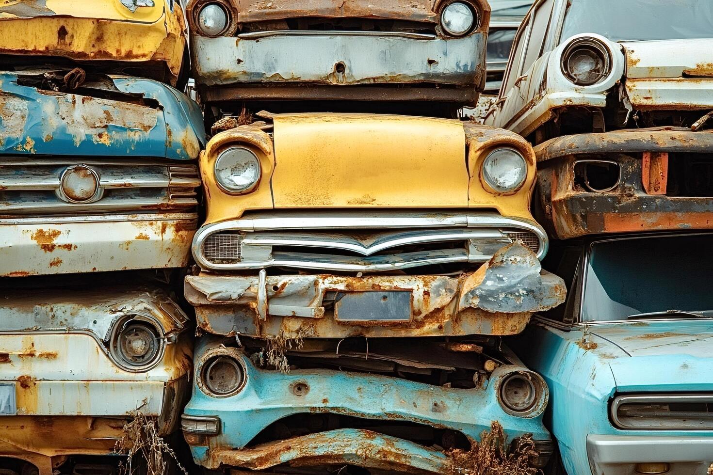 Stacked rusty classic cars in junkyard representing decaying automotive history photo