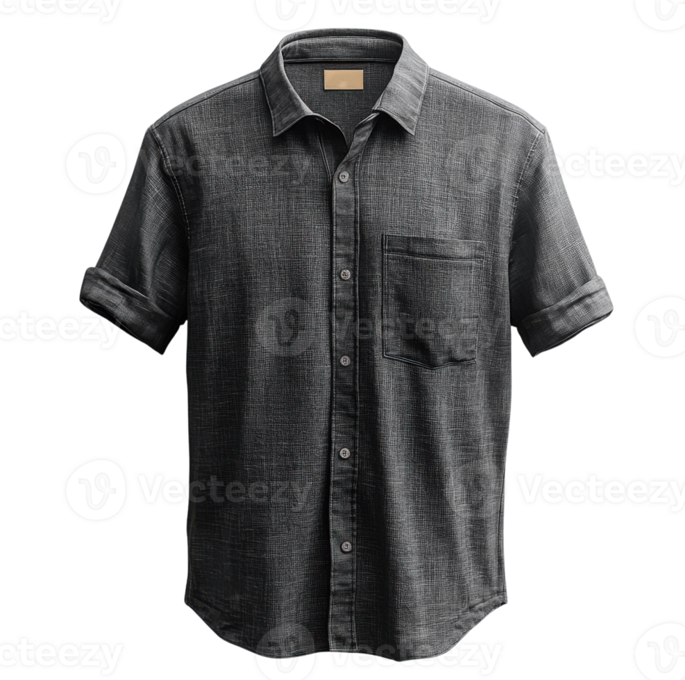 Casual black short sleeve shirt with pocket and rolled sleeves png