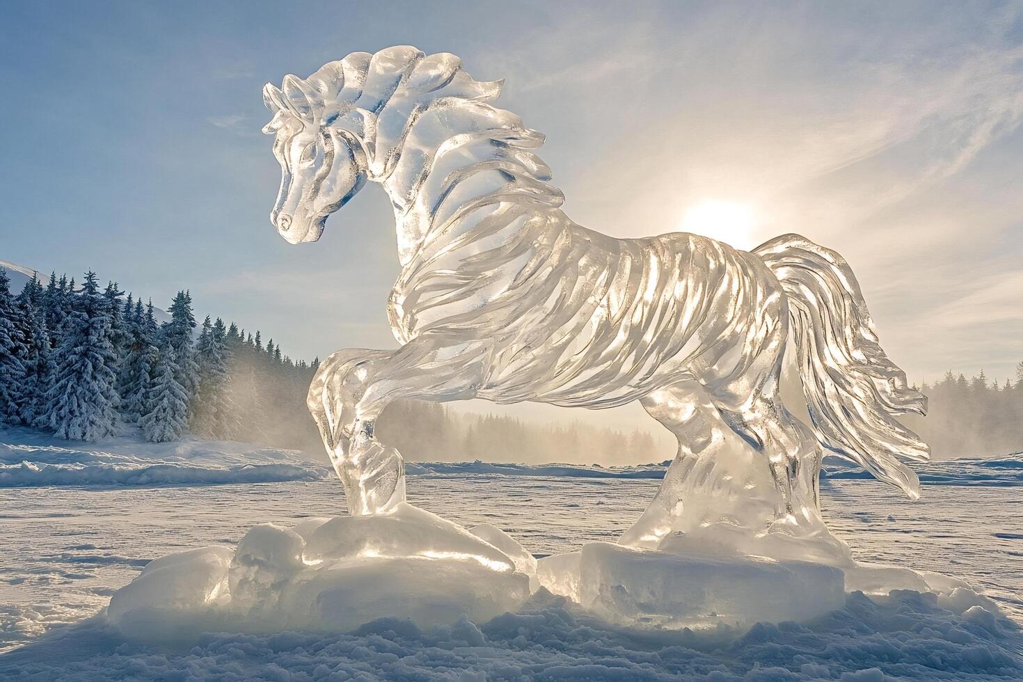Majestic ice horse prancing in a snowy winter wonderland photo