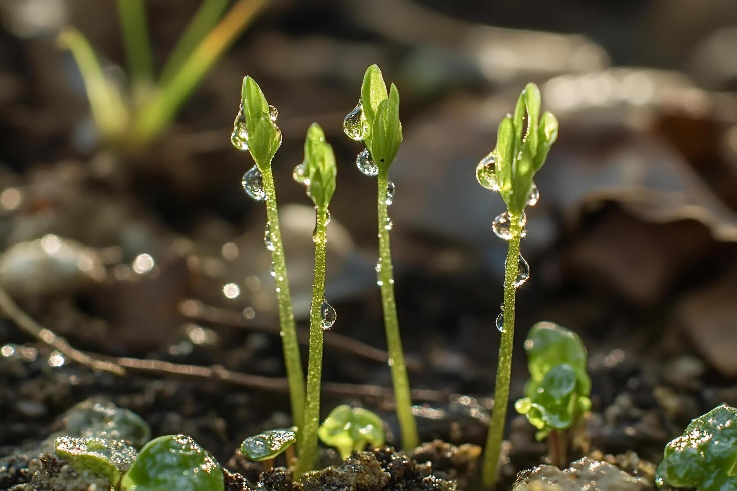 New seedlings growing from dark soil with dew drops photo