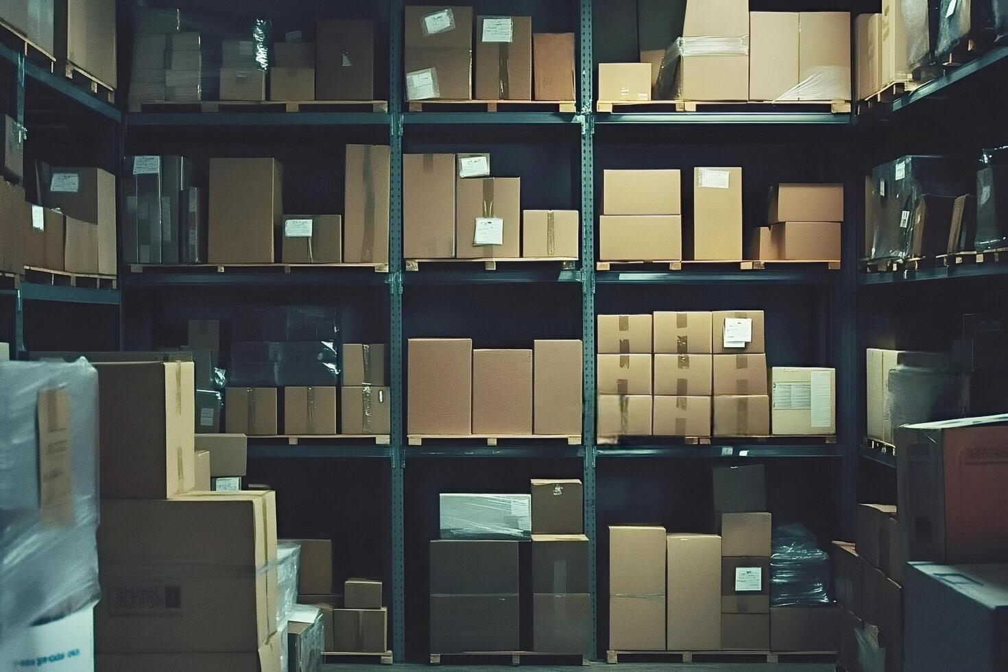 Cardboard boxes stacked on warehouse shelves storing goods photo