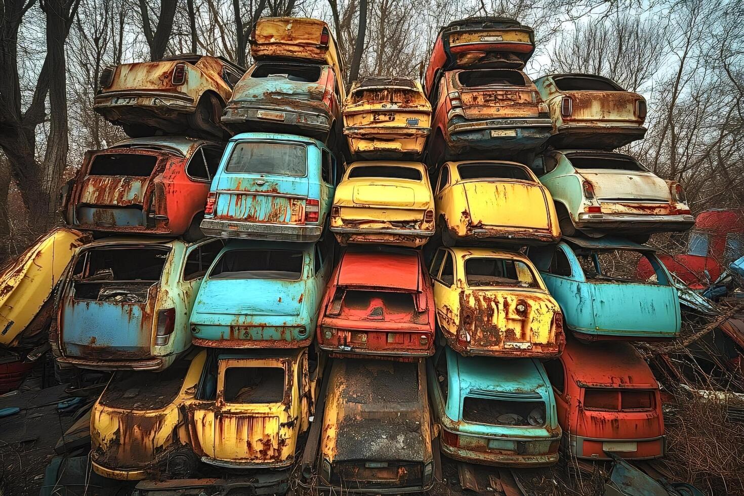 Stack of colorful rusty abandoned cars in junkyard photo