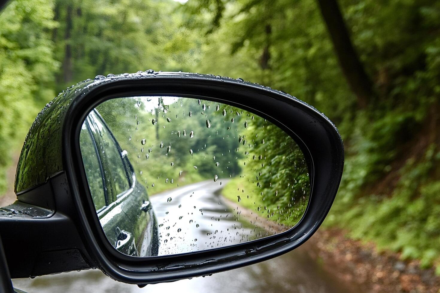 Wet rearview mirror reflecting winding road in green forest during rainfall photo