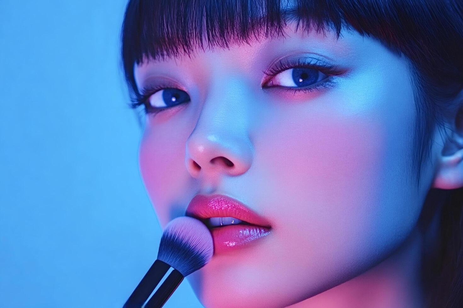 Makeup artist applying pink lipstick with brush in neon lighting photo