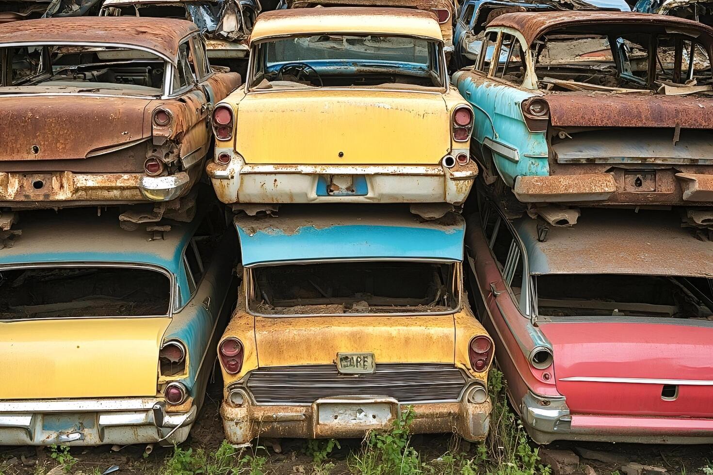 Stacked rusty vintage cars in junkyard representing decaying automotive history photo