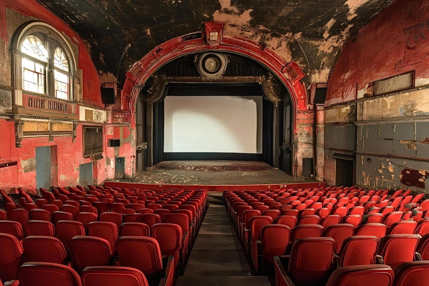 Empty vintage movie theater showing white screen and red seats photo