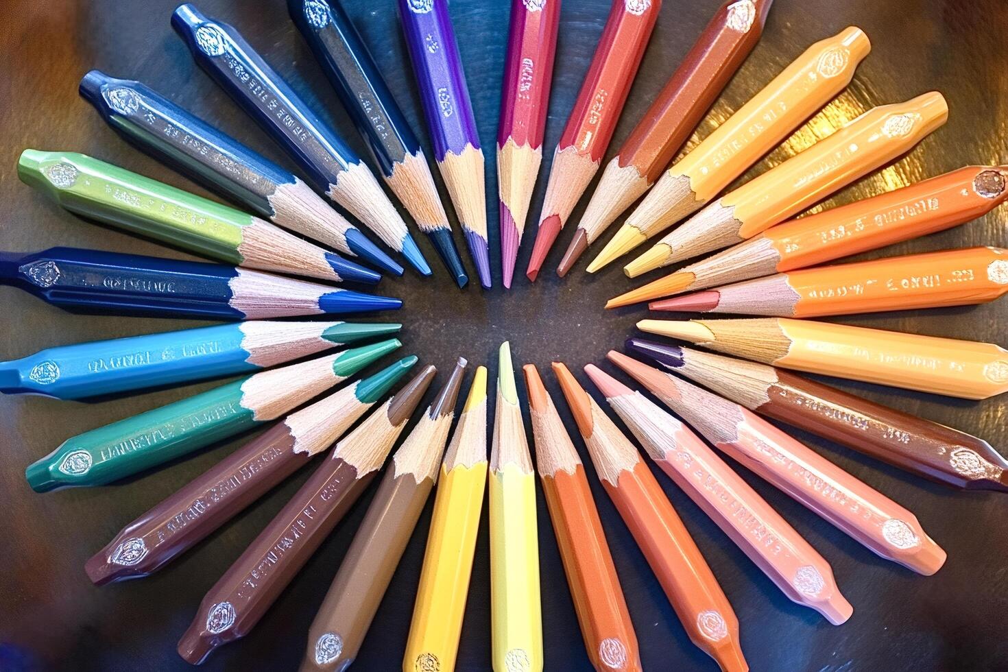Colorful pencils forming a circle on dark background photo