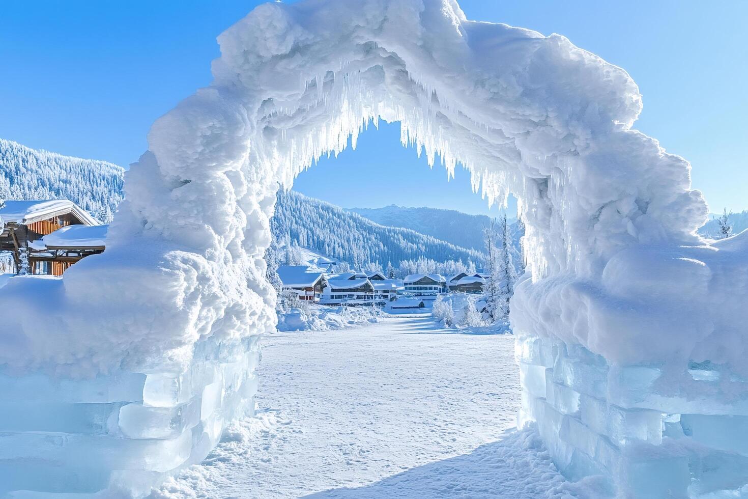 Ice arch framing snow covered chalets in winter wonderland photo