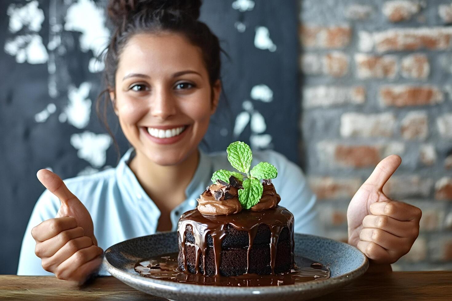 Pastry chef recommending delicious chocolate cake with thumbs up photo