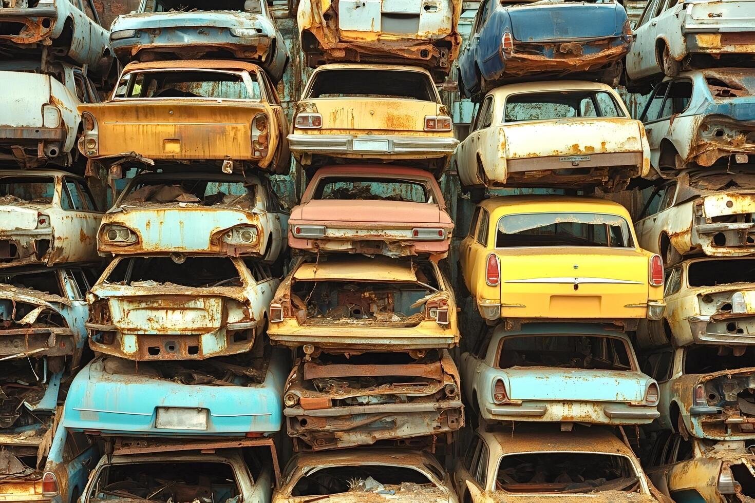 Stack of old rusty cars in junkyard forming a colorful wall photo