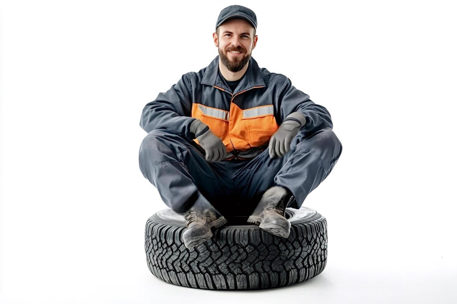 Mechanic sitting on tire smiling confidently photo