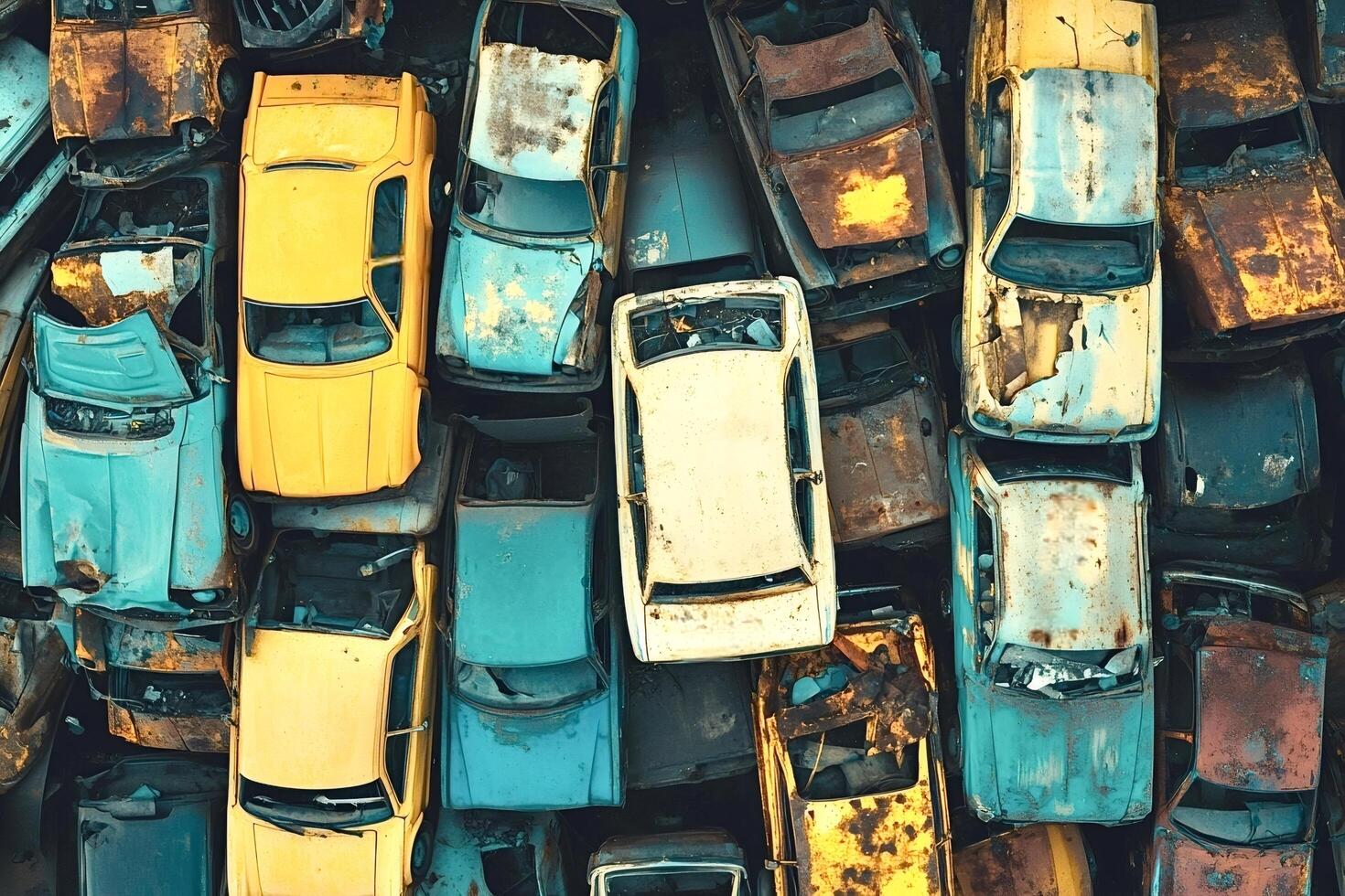 Junkyard showing rusty and damaged cars piled up, recycling industry photo