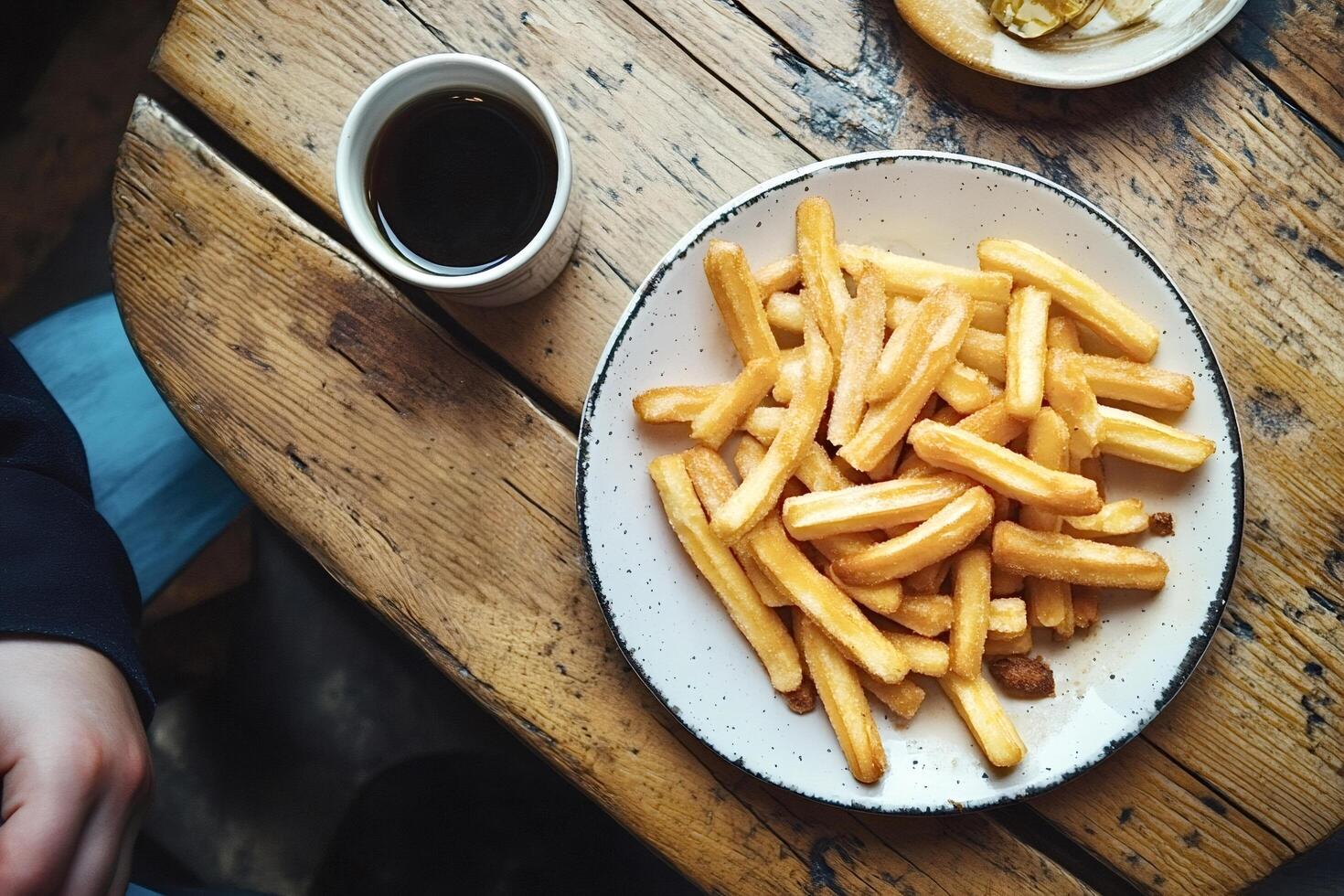 Churros with sugar and cinnamon with coffee on rustic wooden table photo