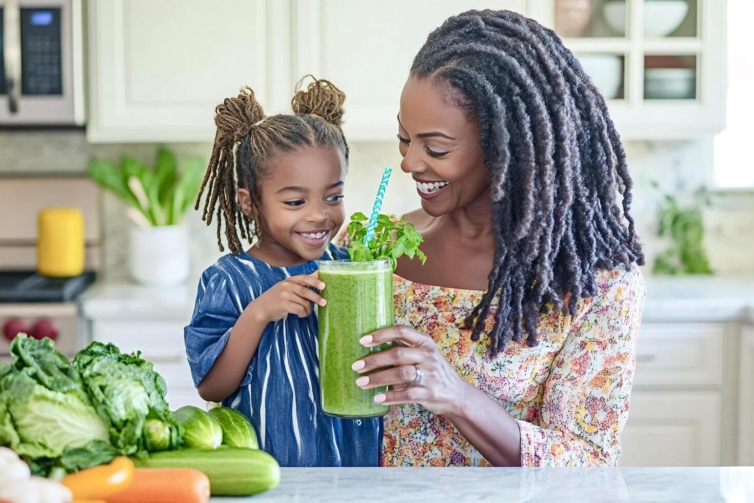 Mother and daughter smiling and holding green smoothie in kitchen photo