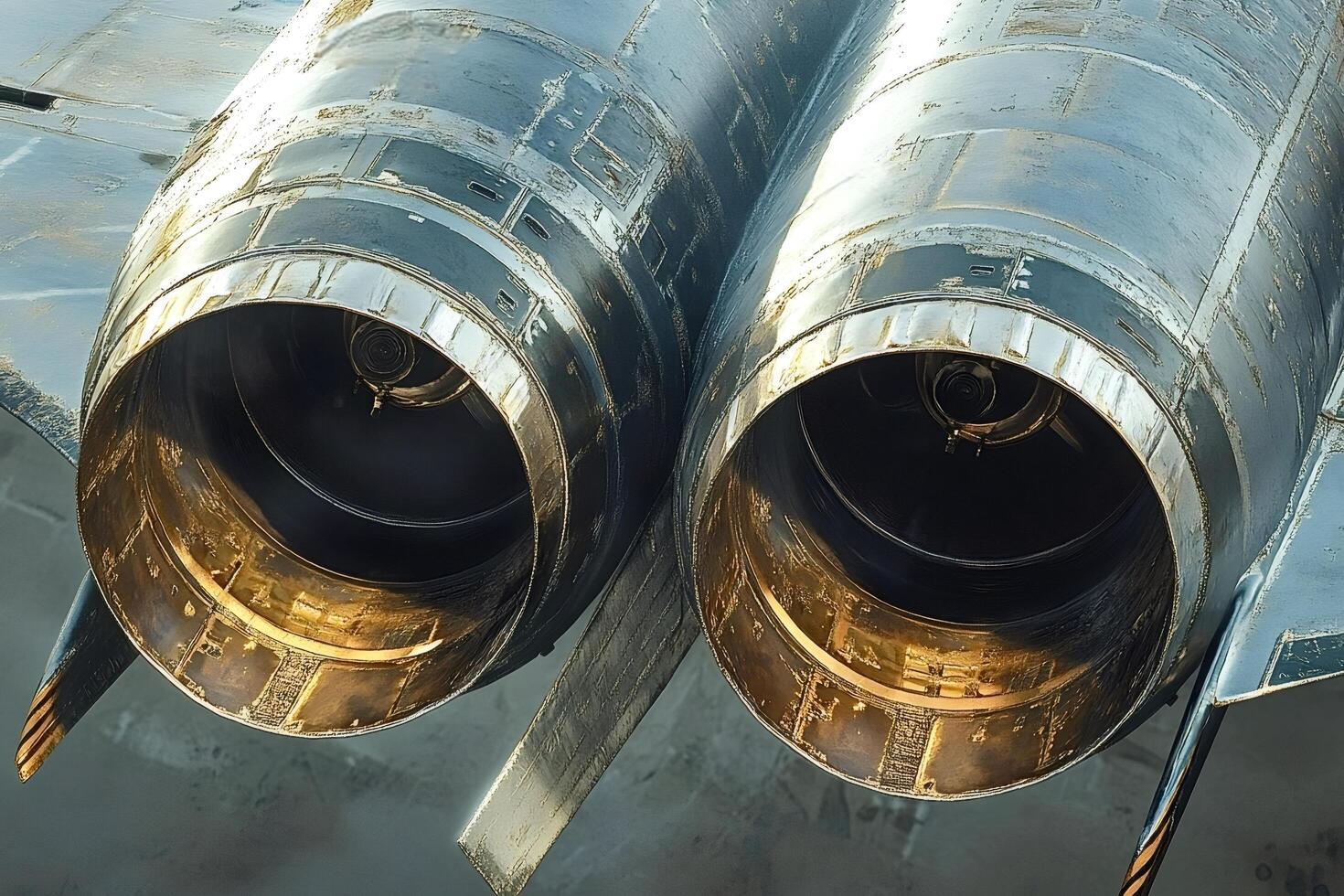 Two jet engines showing signs of wear and tear displaying gold-colored afterburn photo