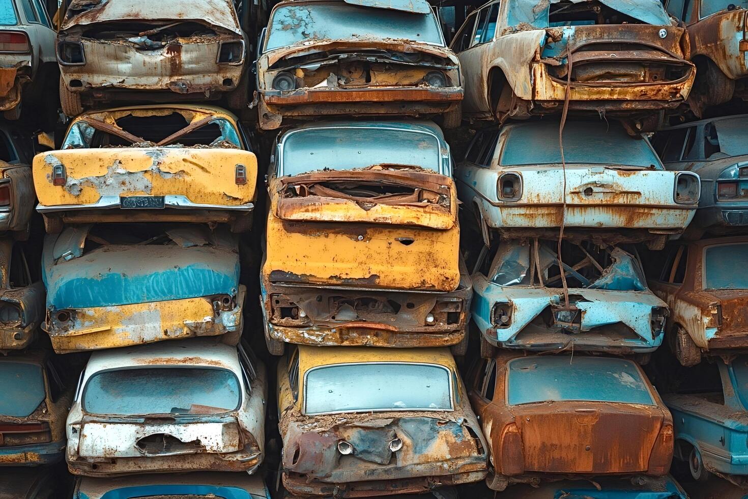 Stack of damaged cars rusting in junkyard conveys environmental issues photo