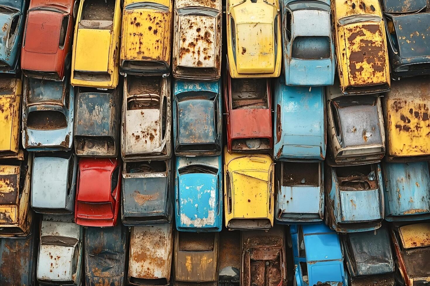 Wrecked cars piling up in junkyard creating colorful pattern photo