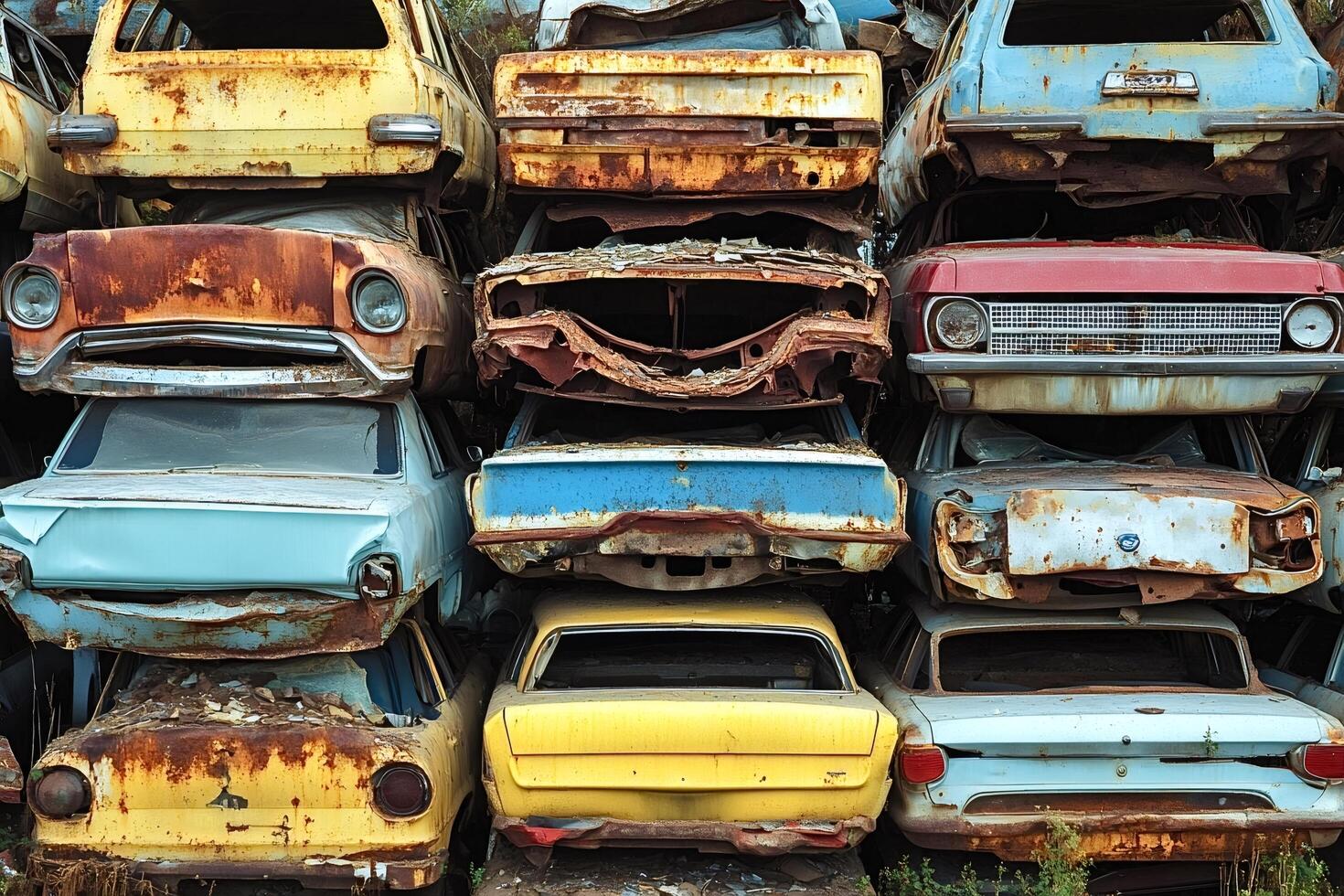 Stacked rusty cars in junkyard representing waste and decay photo