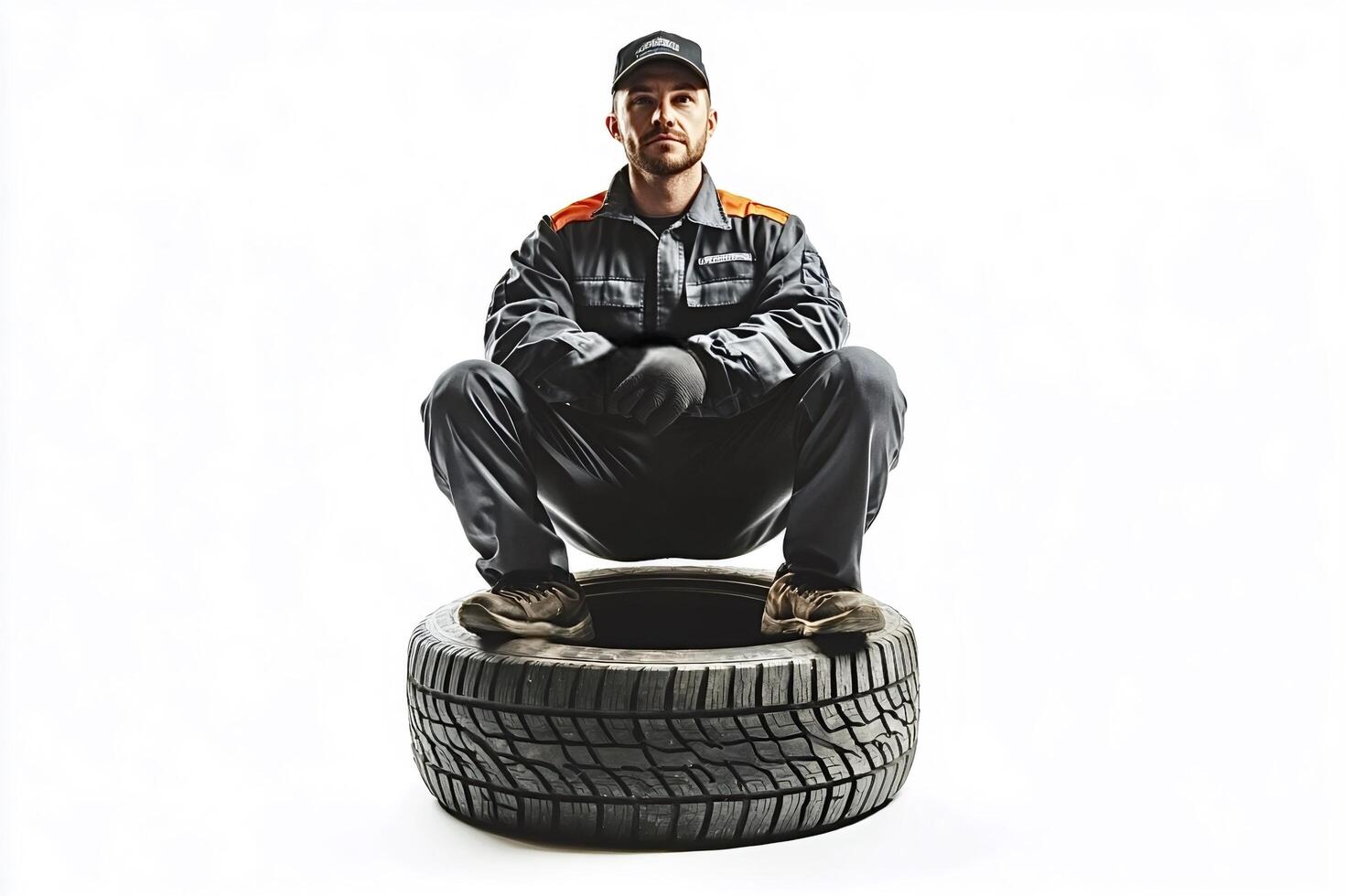 Mechanic sitting on tire in studio setting photo