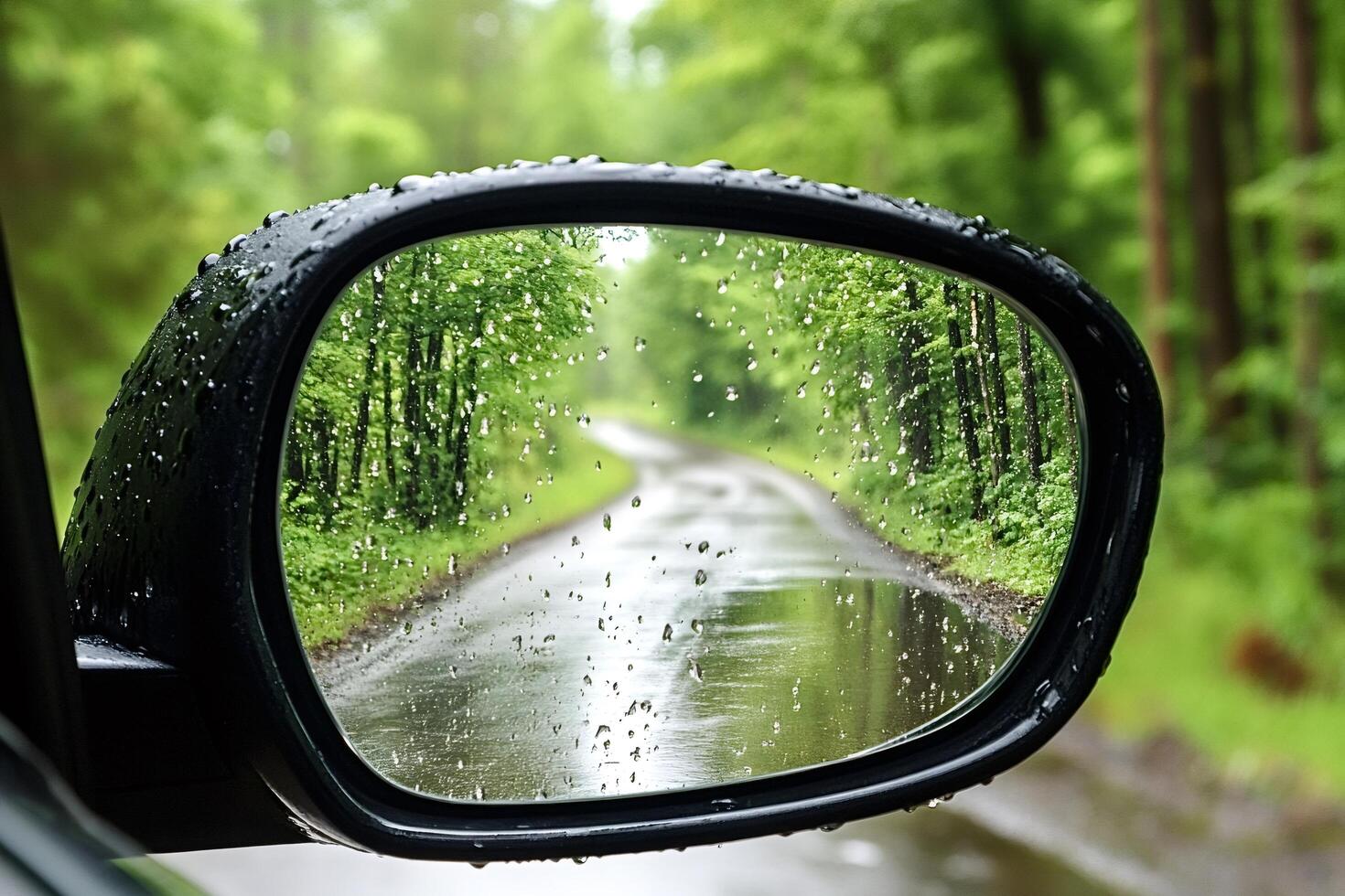 Wet rearview mirror reflecting rainy forest road photo