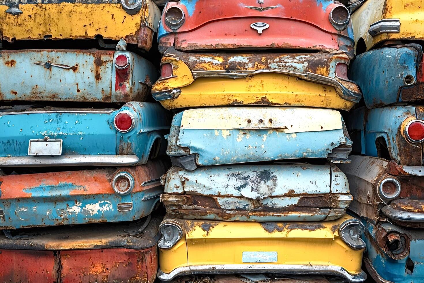 Stacked rusty classic cars in junkyard forming colorful background photo