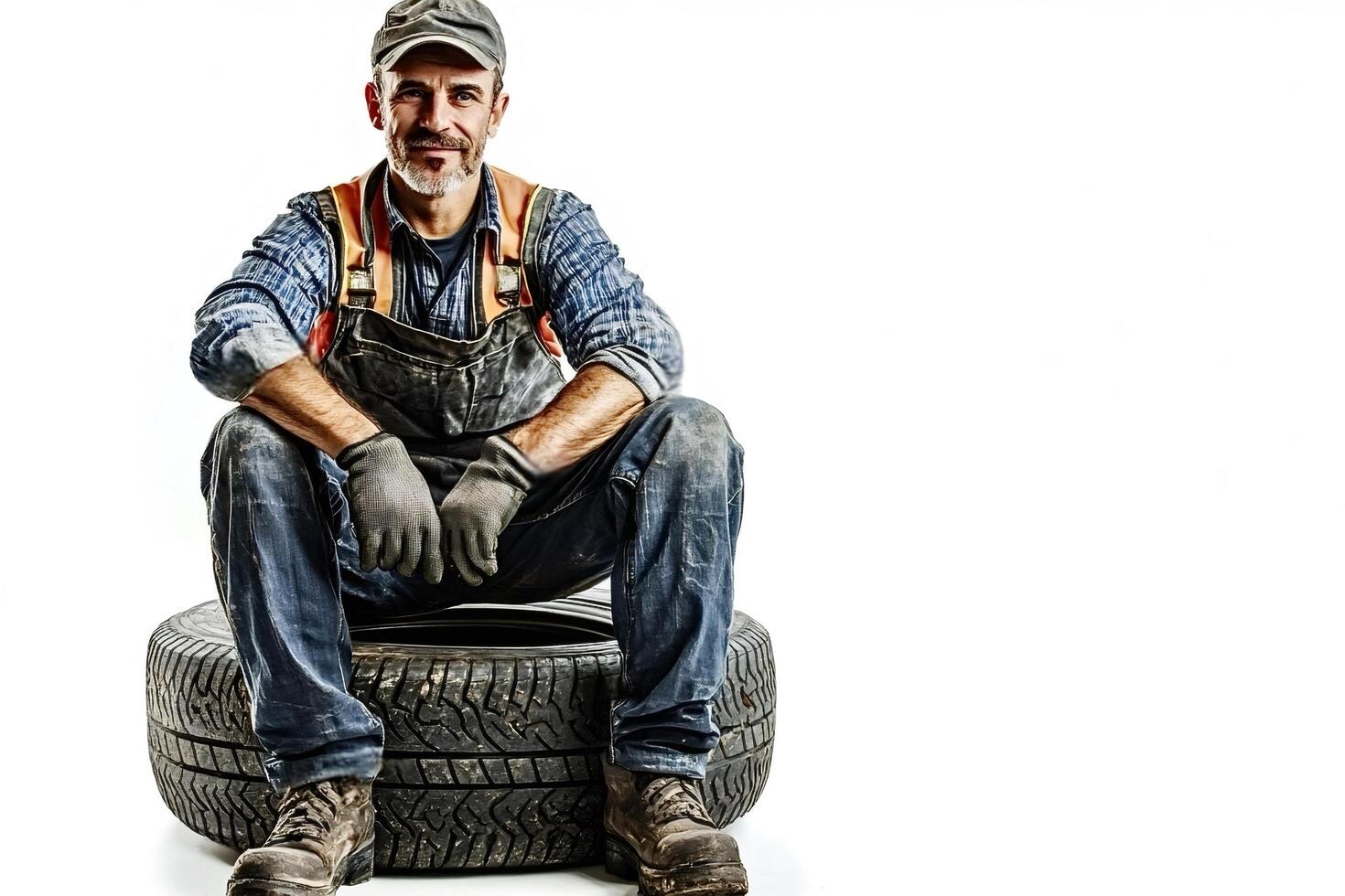 Confident mechanic sitting on tire after finishing work photo