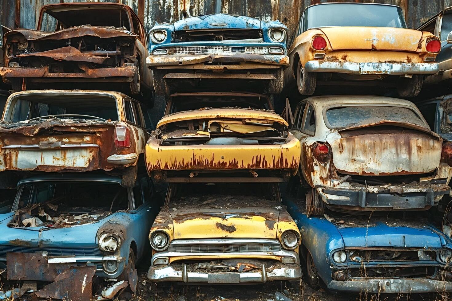 Stacked rusty vintage cars showing degradation and decay photo