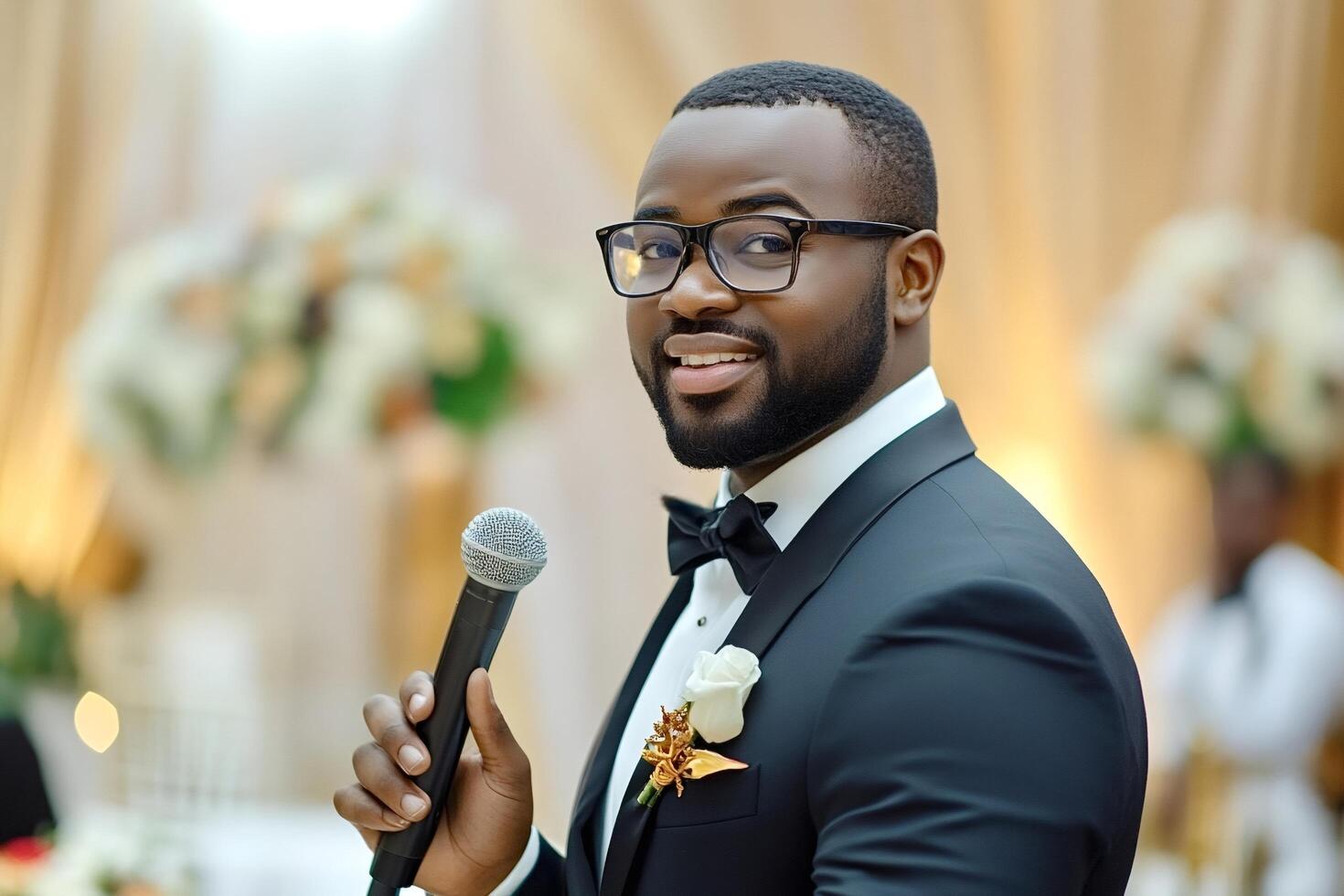 Groom giving a speech at wedding reception holding microphone photo