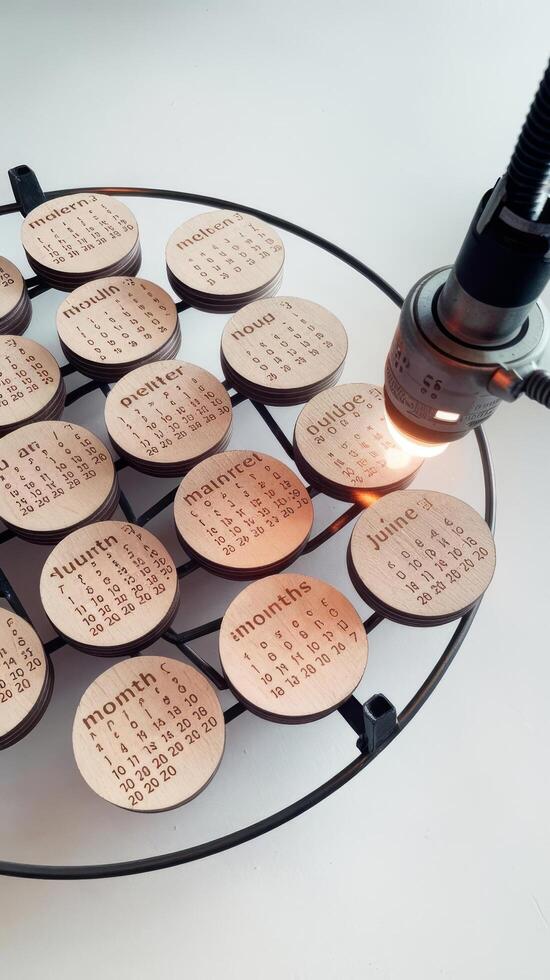 Laser removal round wooden boards with a list of months on a white background photo