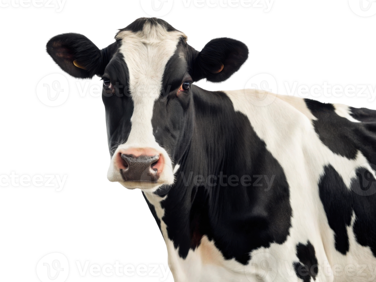 close up of black and white dairy cow with curious expression png