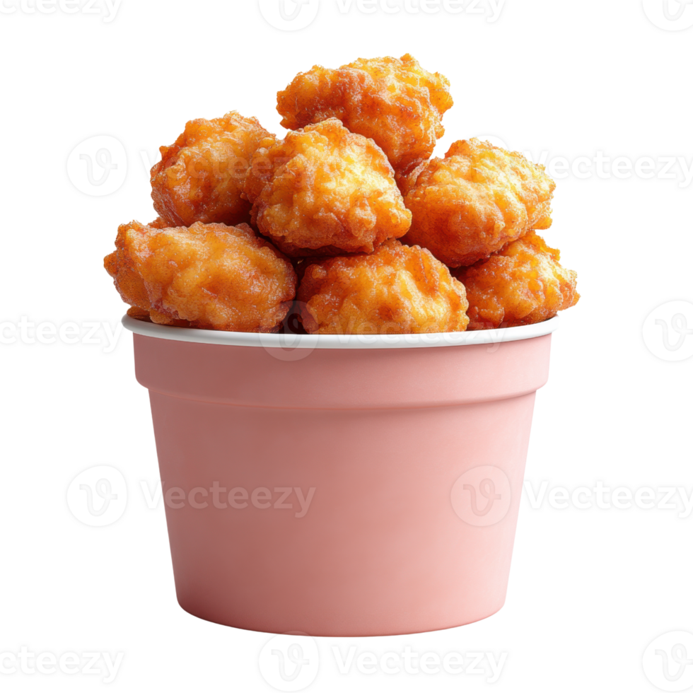 Crispy fried chicken pieces in pink bucket, perfect for sharing png