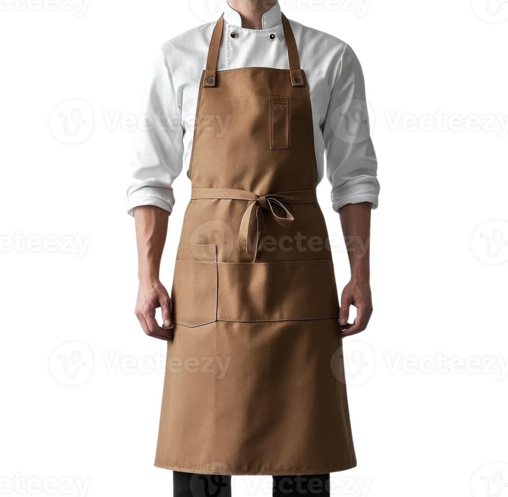 Brown apron worn by chef, featuring pockets and tie waist. Ideal for cooking and baking png