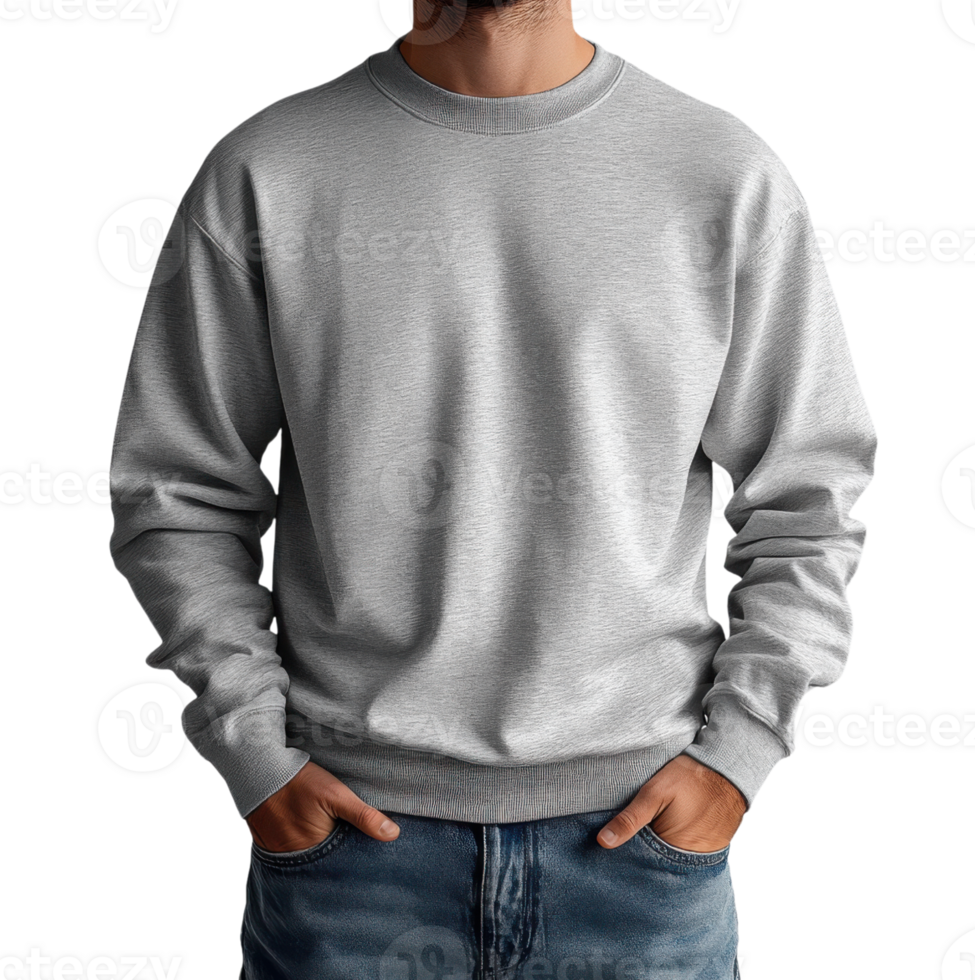 casual gray sweatshirt worn by man with hands in pockets, exuding comfort and style png