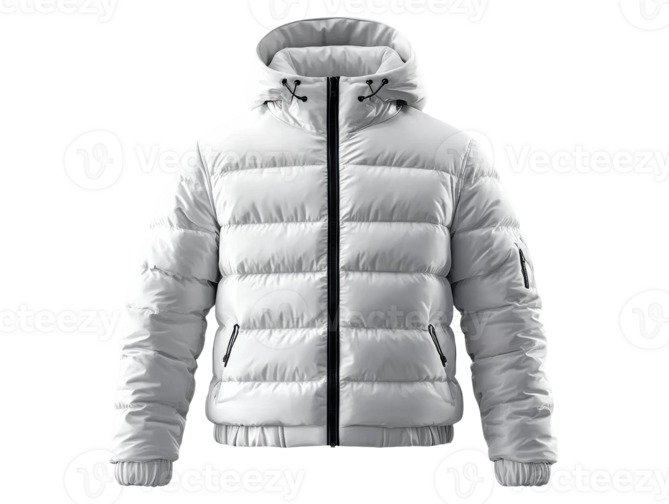 Warm white puffer jacket with hood, perfect for winter activities and outdoor adventures png